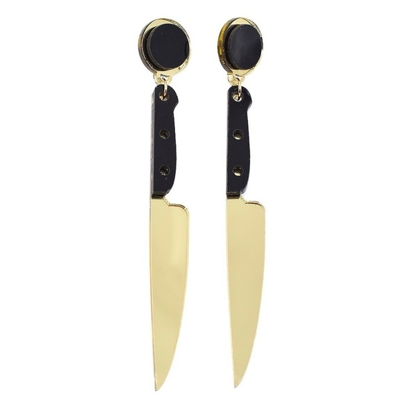 Jewelry - Spooky Gold Black Knife Earrings Creepy Goth Halloween Cosplay Statement Jewelry